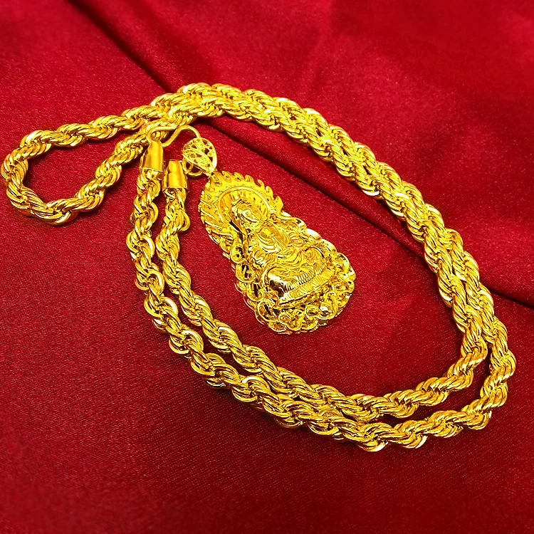 

9999 fashion accessory 24K real gold men's safe Guanyin hemp rope necklace