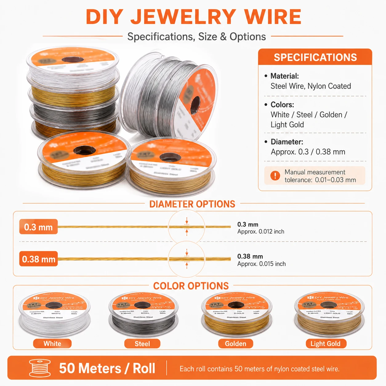 1-5Roll 50m 0.3/0.38mm Nylon Coated Steel Craft Wire,White/Golden/Beading Thread for Necklace Bracelet DIY Jewelry Making Suppli
