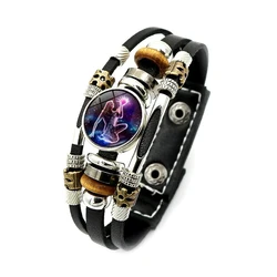 Vintage 12 Zodiac Sign Leather Bracelet Constellation Glass Snap Button Bracelets For Men Women