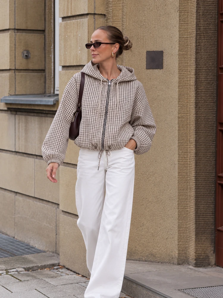 HH Women Fashion Hooded Jacket Casual Drawstring Hem Long Sleeve Vintage Grid Print Outerwear 2026 Autumn Sports Party Chic Coat