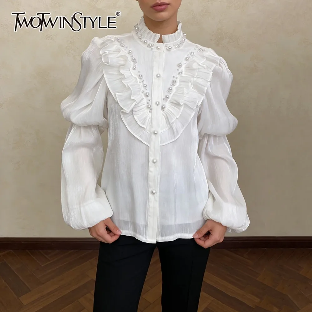 

TWOTWINSTYLE Solid Spliced Beading Shirt Female O Neck Long Sleeve Loose Elegant Temperament Women's Shirts Autumn Fashion New