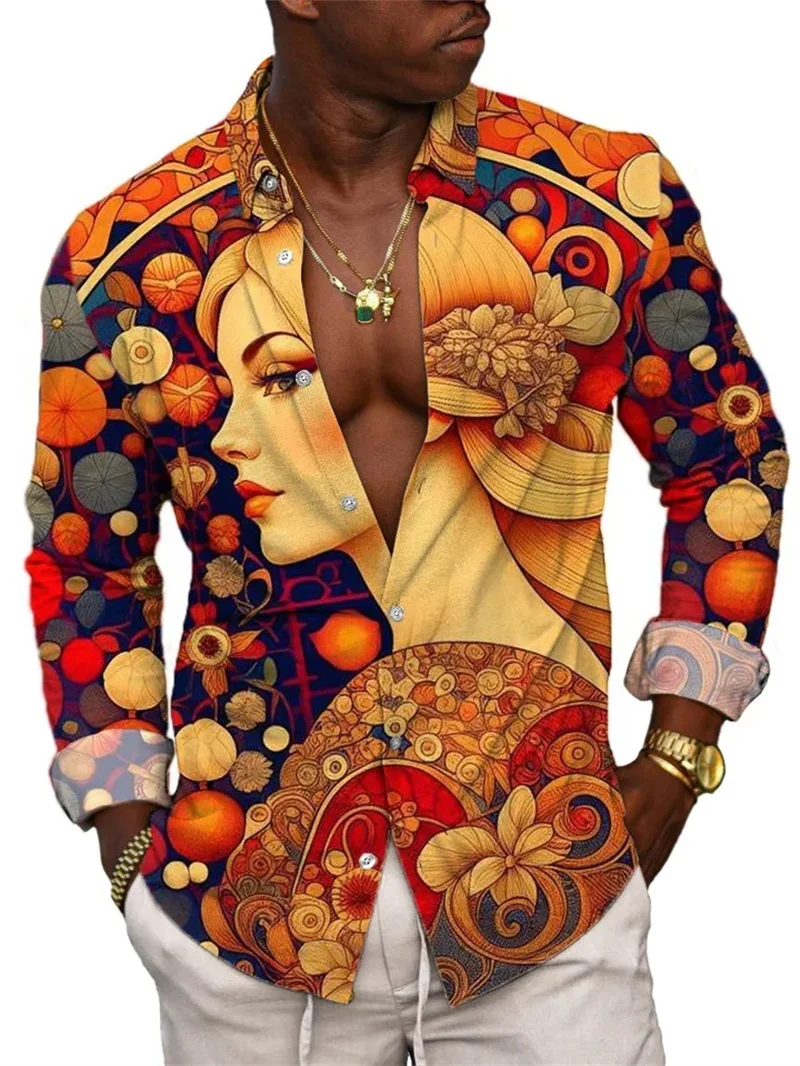 

2025 New Classic Shirt Men Long Sleeve 3D Beauty Men Luxury Watercolor Retro Pattern Shirt