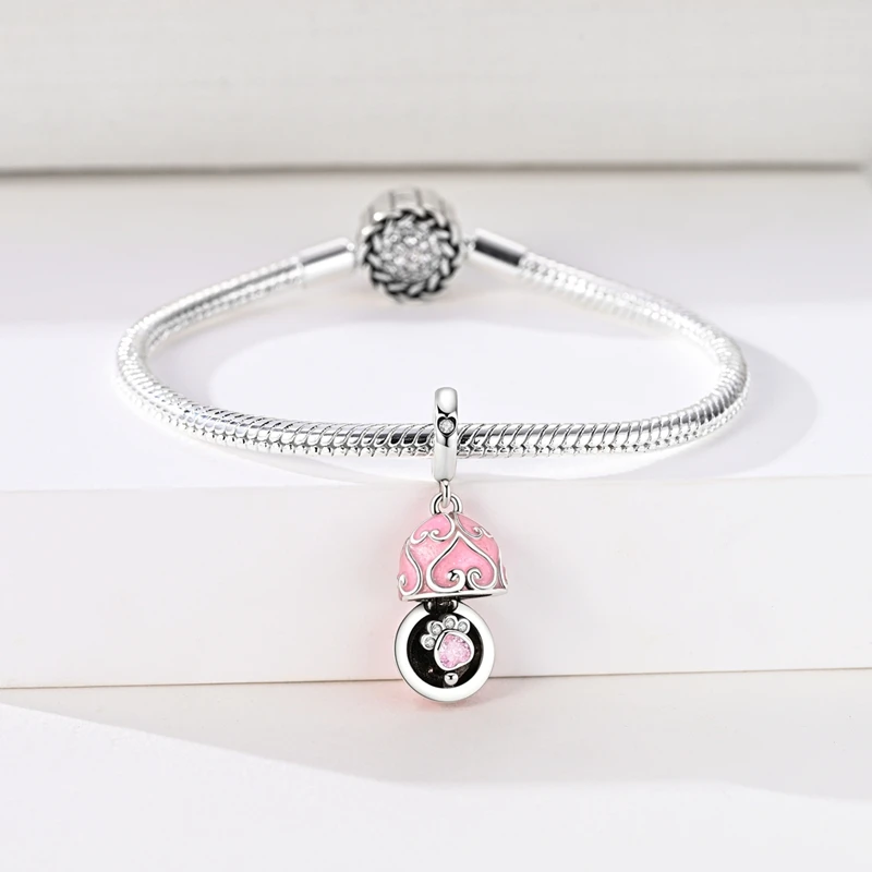 New 925 Sterling Silver Pink Paw Print Egg Charms Pendant Fit 3mm Original Bracelet DIY Women Birthday Party Jewelry Gifts