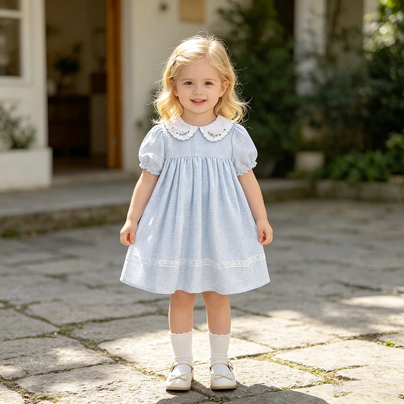 2026 New Summer 2-6Yrs Short Sleeve Dress Floral Korean Version Sweet Grid Dress Embroidered Collar Girls Children Dress