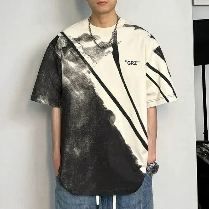 

Men Trendy Vintage Tie-dye Print Short Sleeve T Shirt Casual Streetwear Y2K Harajuku Tees Summer O Neck Loose Tops Ropa Hombre