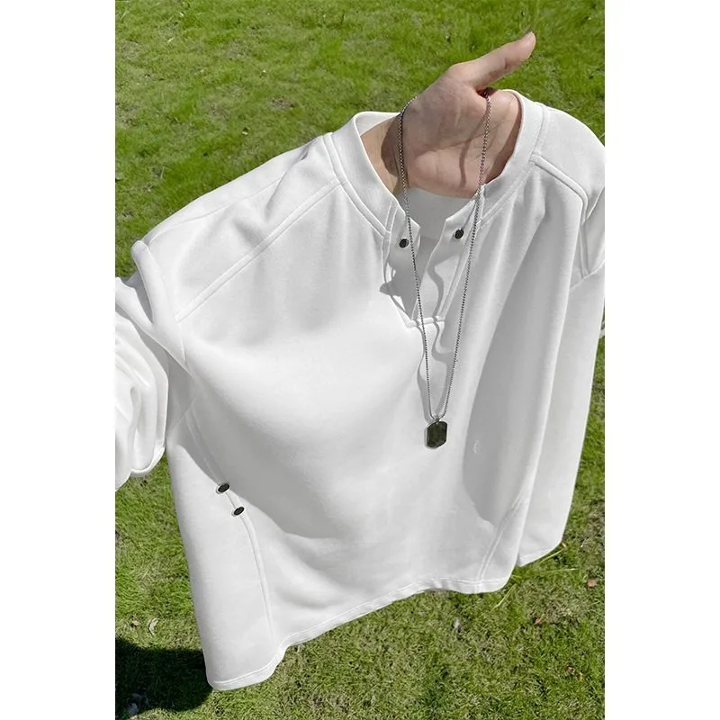 Men American Streetwear Rivet Long Sleeve T Shirt V Neck Plus Size Loose Casual Undershirt