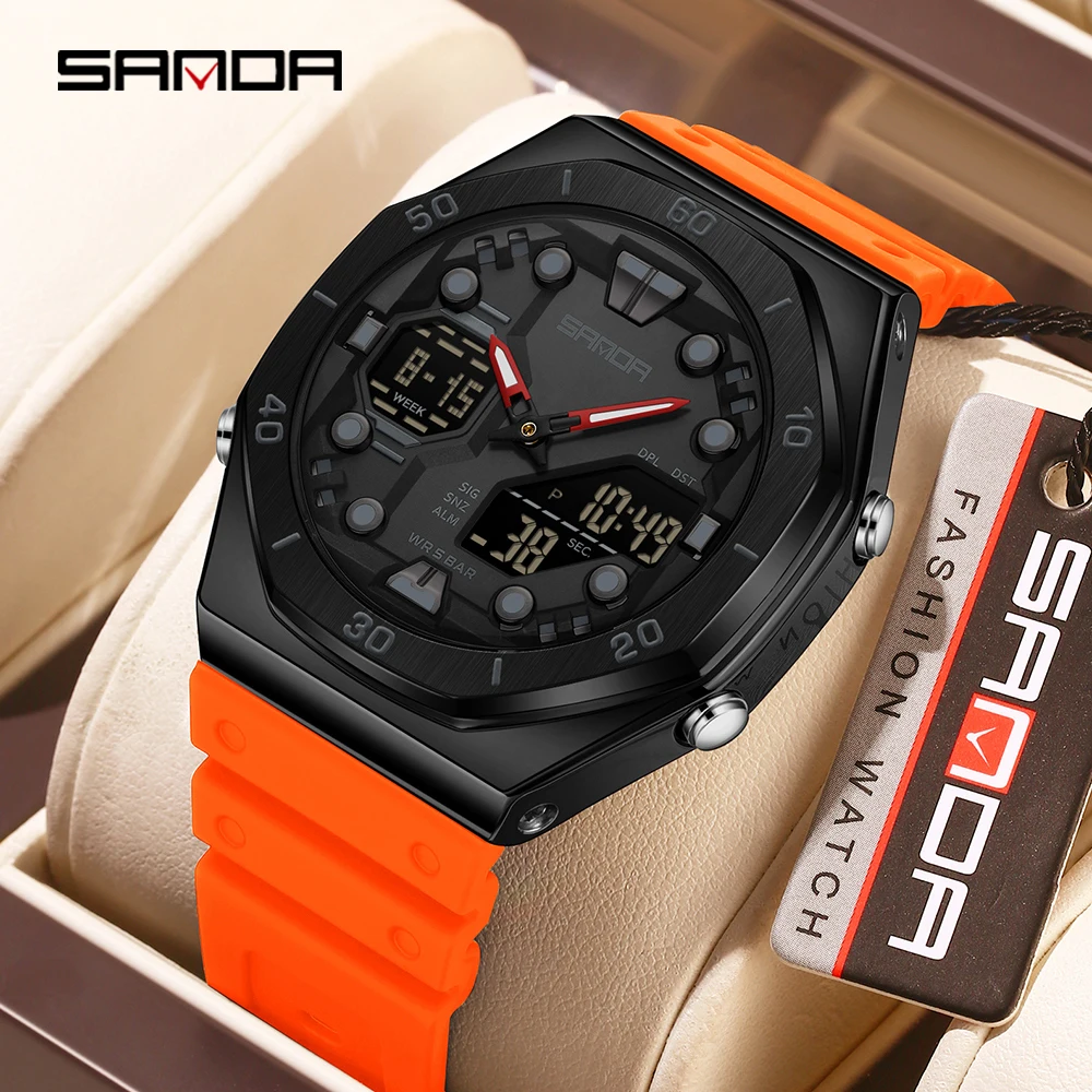 SANDA 6306 موضة ساعة إلكترونية للرجال عرض مزدوج متعدد الوظائف ضوء الليل ساعة تنبيه مقاوم للماء ساعة كول للجنسين 2026