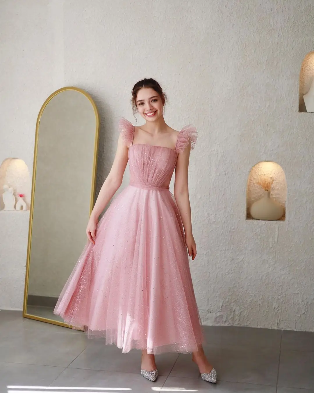 Sparkling Princess Pink Tulle Prom Gown A-line Sleeveless Birthday Party Evening Dress for Women 2024 Vestidos Para Mulheres