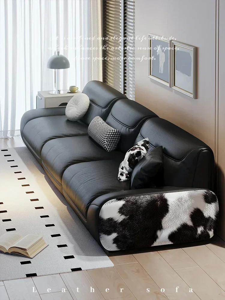 TAO First Layer Cowhide Black Creative Living Room Straight Row Big Black Cow Leather Sofa