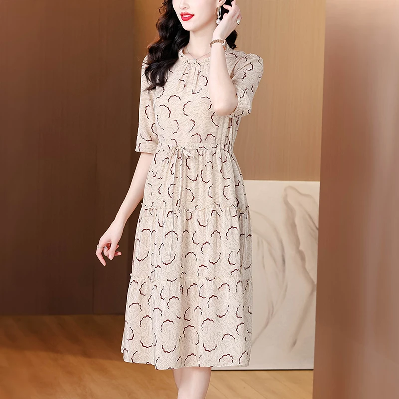 2025 Summer Luxury Silk Casual Midi Dress Women's Vintage Print Beach Elegant Evening Dress Spring Holiday Boho Hepburn Vestidos