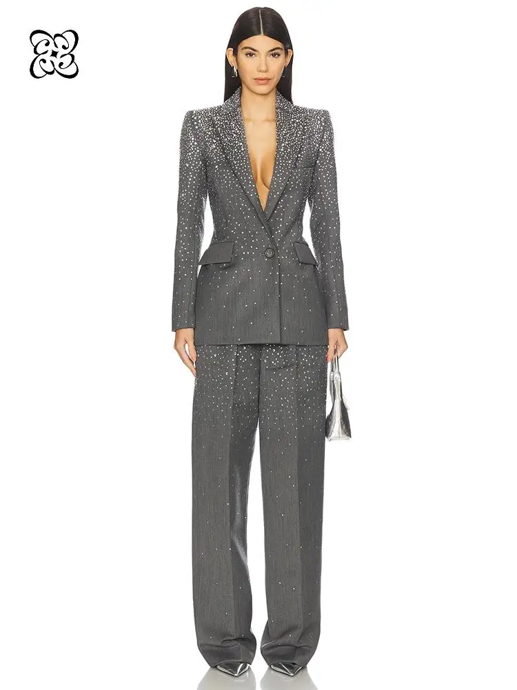 Grey Rhinestone Blazer Pant Suit Single Breasted Crystal Embellished Jacket & High Waist Straight Leg Trousers Two Piece Set