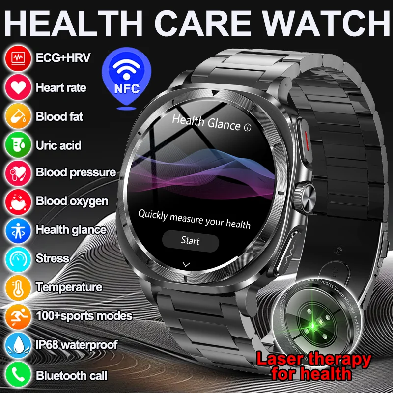 2025 جديد العلاج بالليزر ساعة ذكية ECG + HRV حمض اليوريك الدم الدهون ضغط الدم ساعة NFC BT دعوة الرجال الرعاية الصحية الساعات الذكية