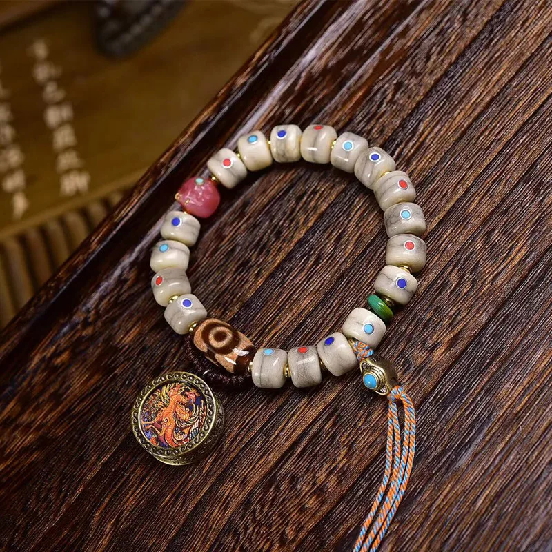 Bone Multi-Gem Inlaid Bead Single Circle Tibetan Style Nine Purple Fire Thangka Pendant Bracelet Men