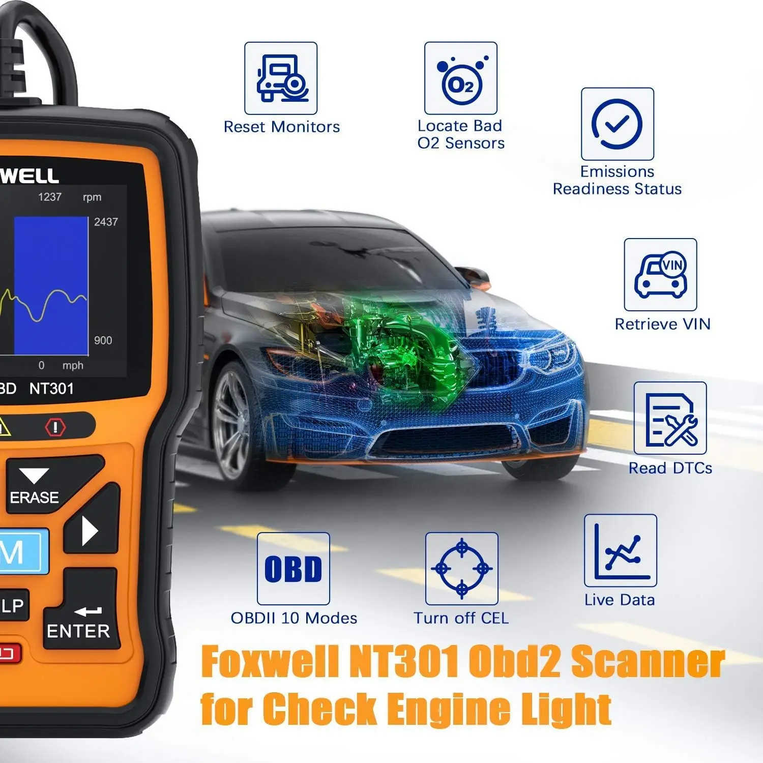 NT301 OBD2 Scanner Professional Diagnostic Tool with 16PIN Cable for Check Engine Light