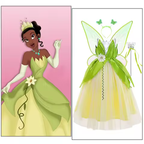 Baby Girls Halloween Cosplay Green Flower Fairy Wings Tinker Bell Party Christmas Carnival Frog Tiana Dress Princess Costume