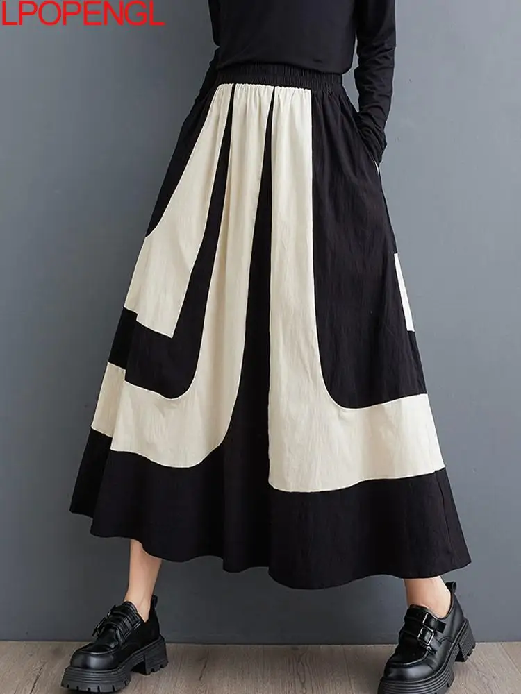 

Woman 2024 Autumn Irregular Stitching Loose Contrast Office Lady Skirt Fashion Elegant Elastic Waist Oversized Mid-calf Skirt