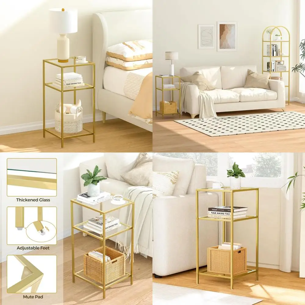 

Golden 3-Tier Side Tables Set, Tempered Glass End Tables, Storage Nightstands, Slim Sofa Tables for Living and Bedroom