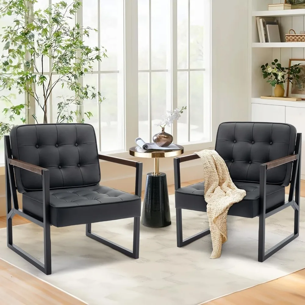 Mid-Century Modern Style Armchair Set of 2, Comfortable Living Room Chairs, Black Leather Armchair with Metal Legs, Black