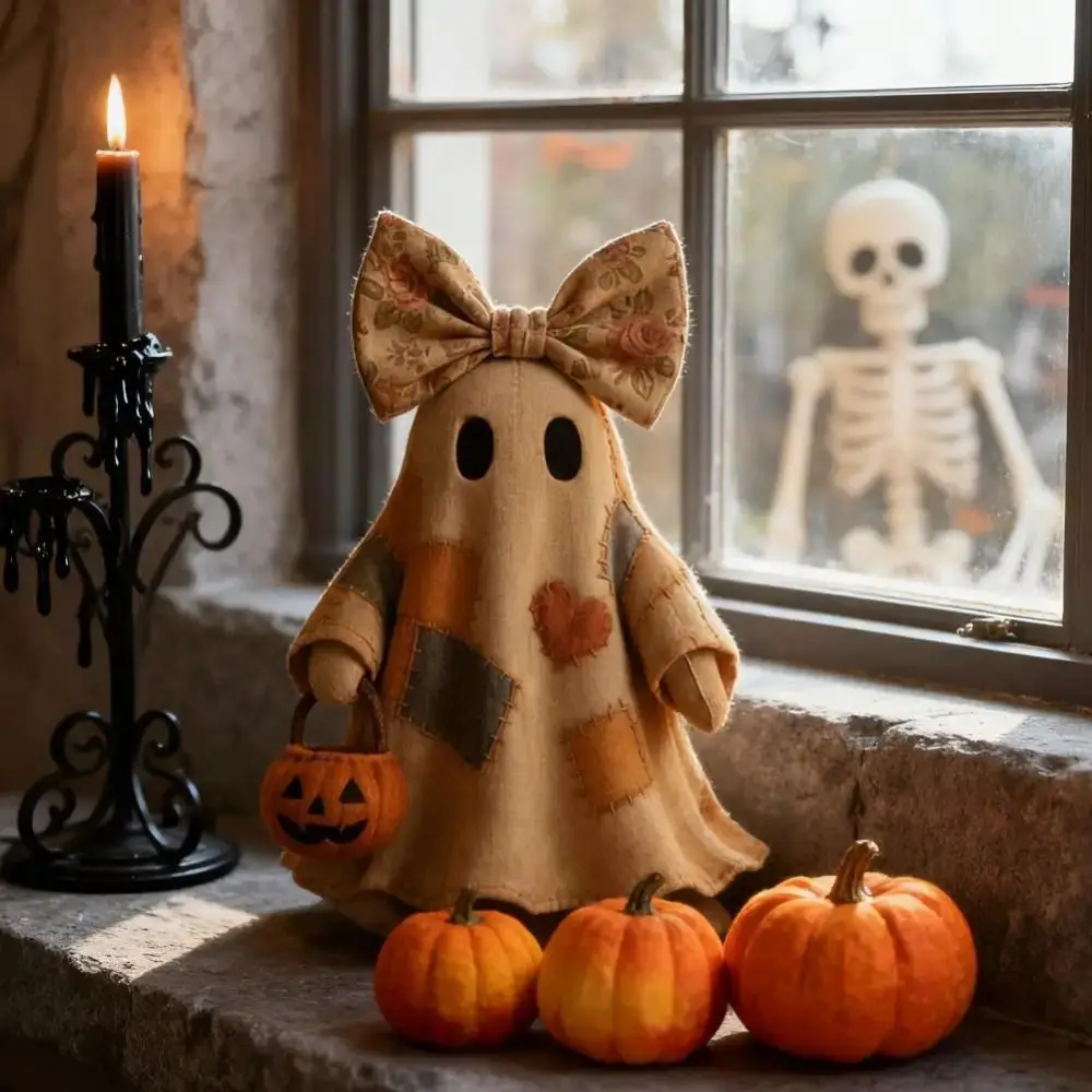 Vintage Style Patchwork Ghost Soft Pieced Fabric Matching Pumpkin Fabric Ghost Centerpiece Neat Stitching Retro Patchwork Craft
