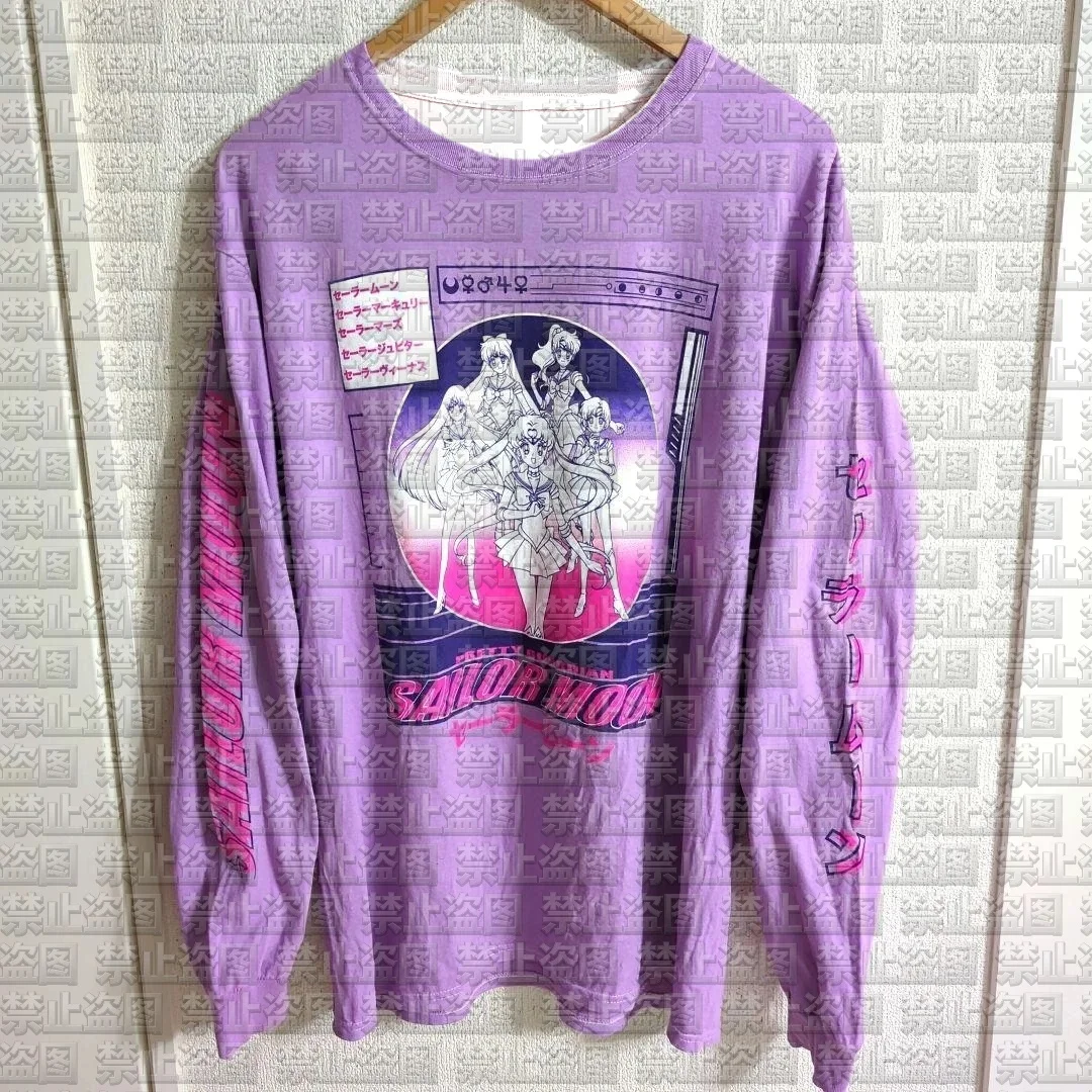 

2026 Women Purple Sailor Moon Print Long Sleeve T-Shirt Retro 90s Anime Y2K Streetwear Casual Loose Fit Crew Neck Quick Dry Top
