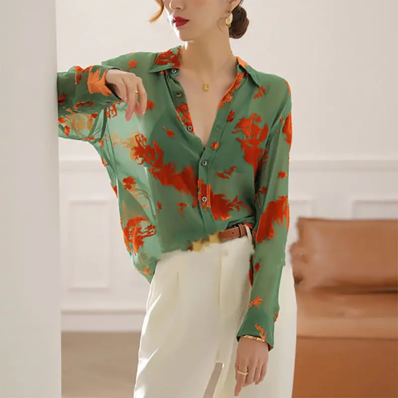 Summer Fashionable Printing Chiffon Turn-down Collar Turn-down Collar Blouse Ladies Vintage Buttons Perspective Shirts Femme