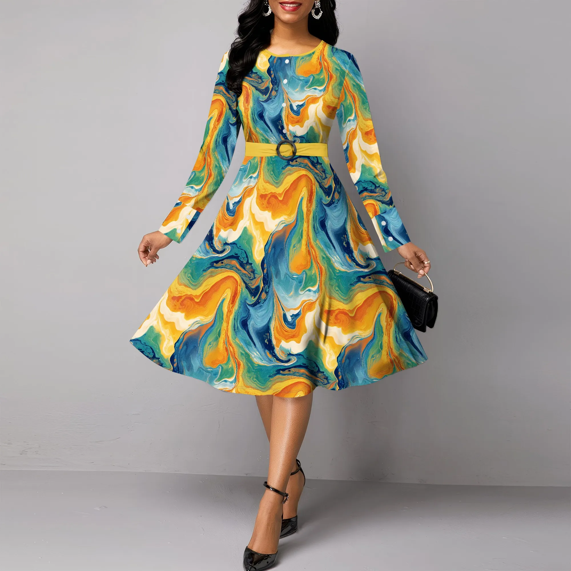 

Nupusa Marble Print Dress for Women Regular Size Summer Casual Round Neck Long Sleeve Belted Midi Dress