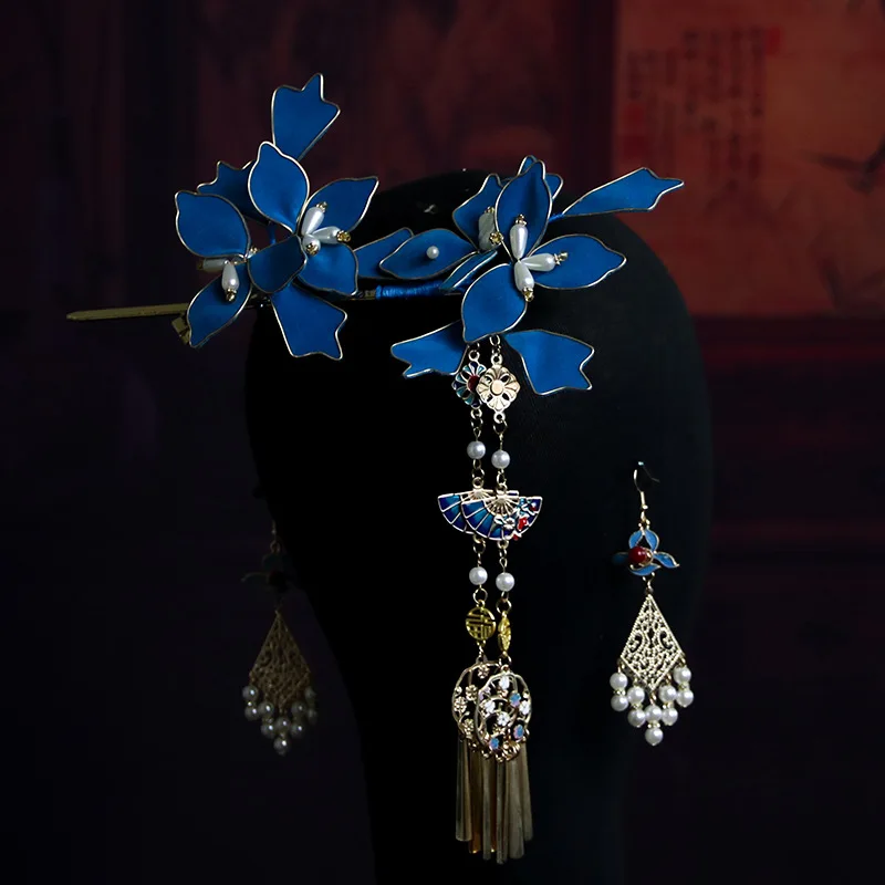 

New Chinese Style Handmade Dark Blue Tassel Flower Hairpin Earring Three-Piece Suit Elegant Women Headwear Hair Accessories New
