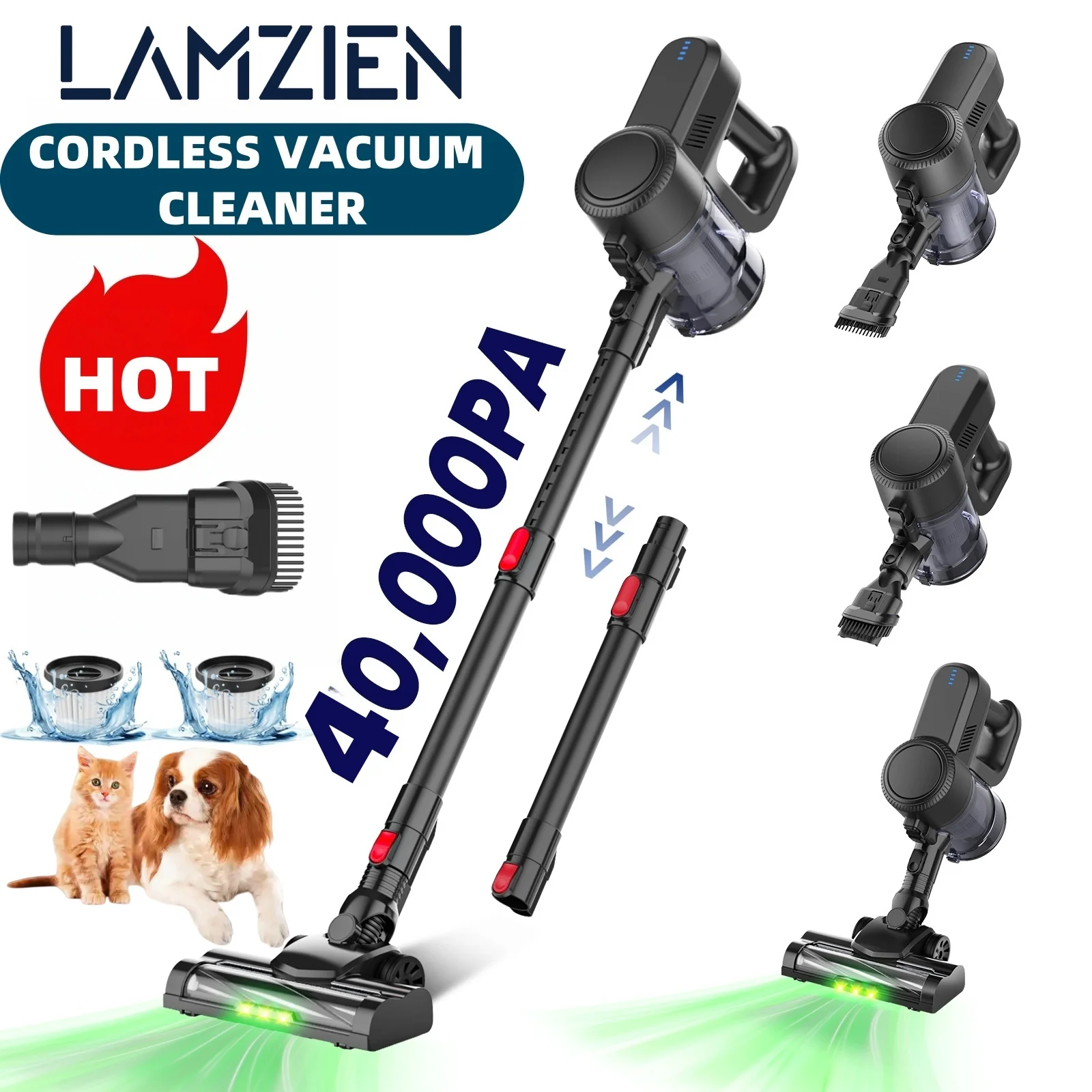 Aspiradora Inalámbrica LAMZIEN, con Luz LED Verde, 40000PA, Batería Recargable, 40 Minutos de Autonomía, para Pelo de