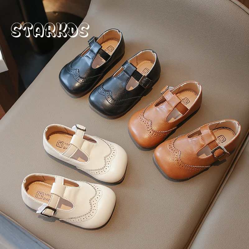 Babi T-Strap Leather Ballet Flats Girls British Oxford Brogue Mary Jane Shoes Toddler Kids Retro Square Toe Dress Zapatos