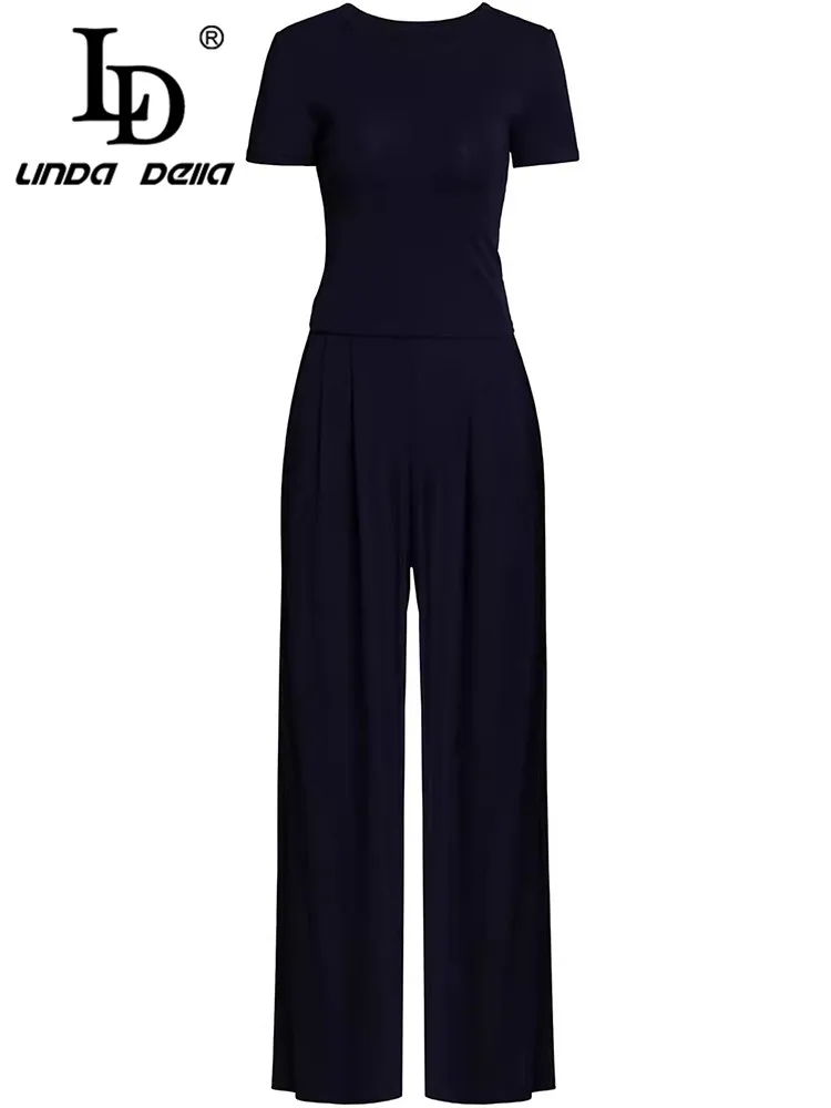 

LD LINDA DELLA Fashion Summer Women's Suit Short Sleeve High-End Slim Tops+Wide Leg Pants Casual Holiday Solid Color 2 Piece Set