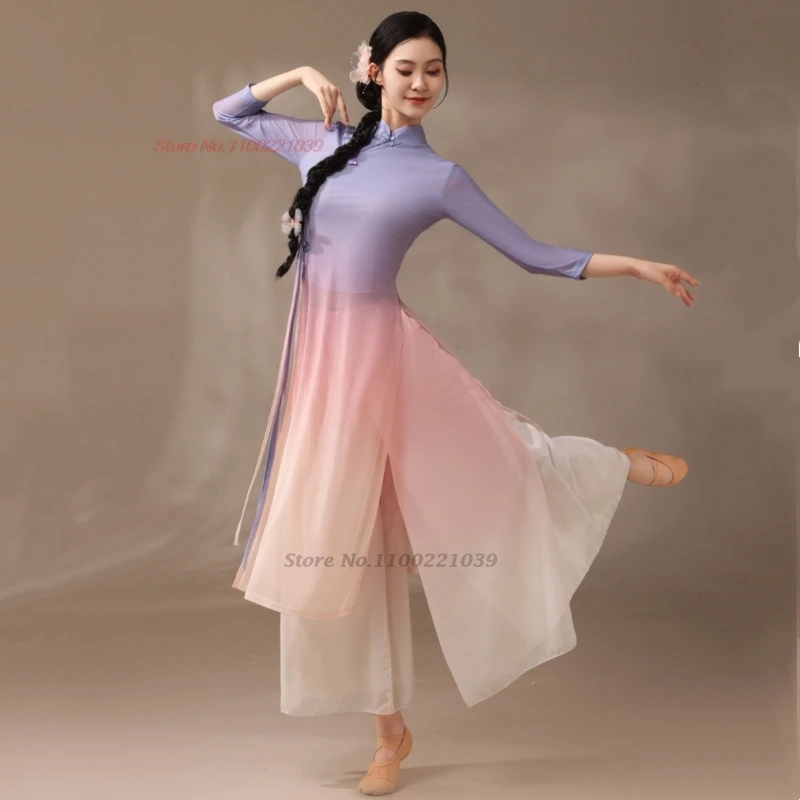 

2026 chinese vintage folk dress gradient color mesh qipao tops+pants set festival stage dress oriental performance folk dance