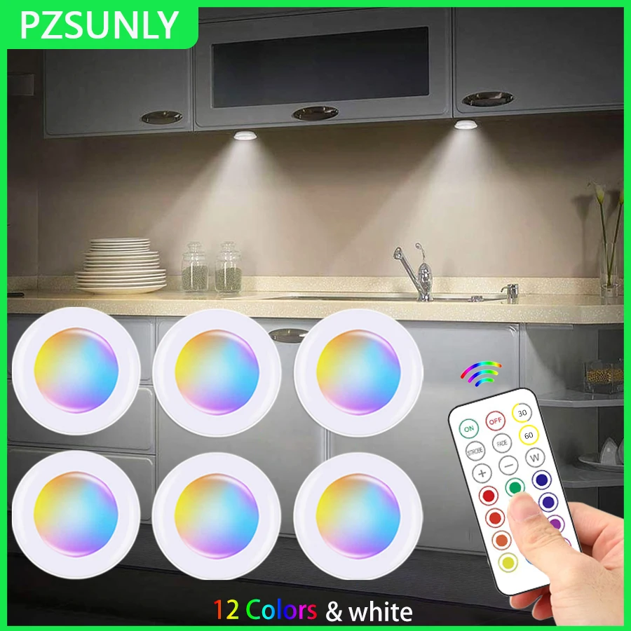 

RGB цветной светильник под шкафом, беспроводной светодиодный светильник с дистанционным управлением, 12-цветный сенсорный ночник с регулируемой яркостью для кухонного шкафа, стойки