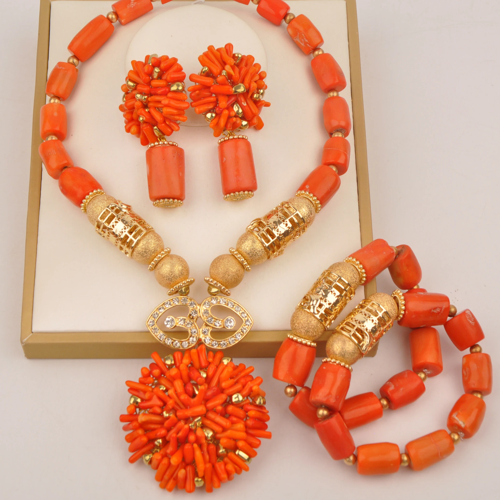 

Orange african coral beads nigerian wedding bride jewlery set