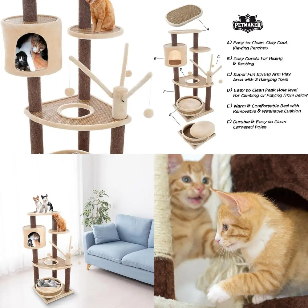 

6-уровневый кошачий дерево-переходник с мягким лежаком, платформами, домиком-когтеточкой и 3 игрушками от PETMAKER (коричневый/бежевый)
