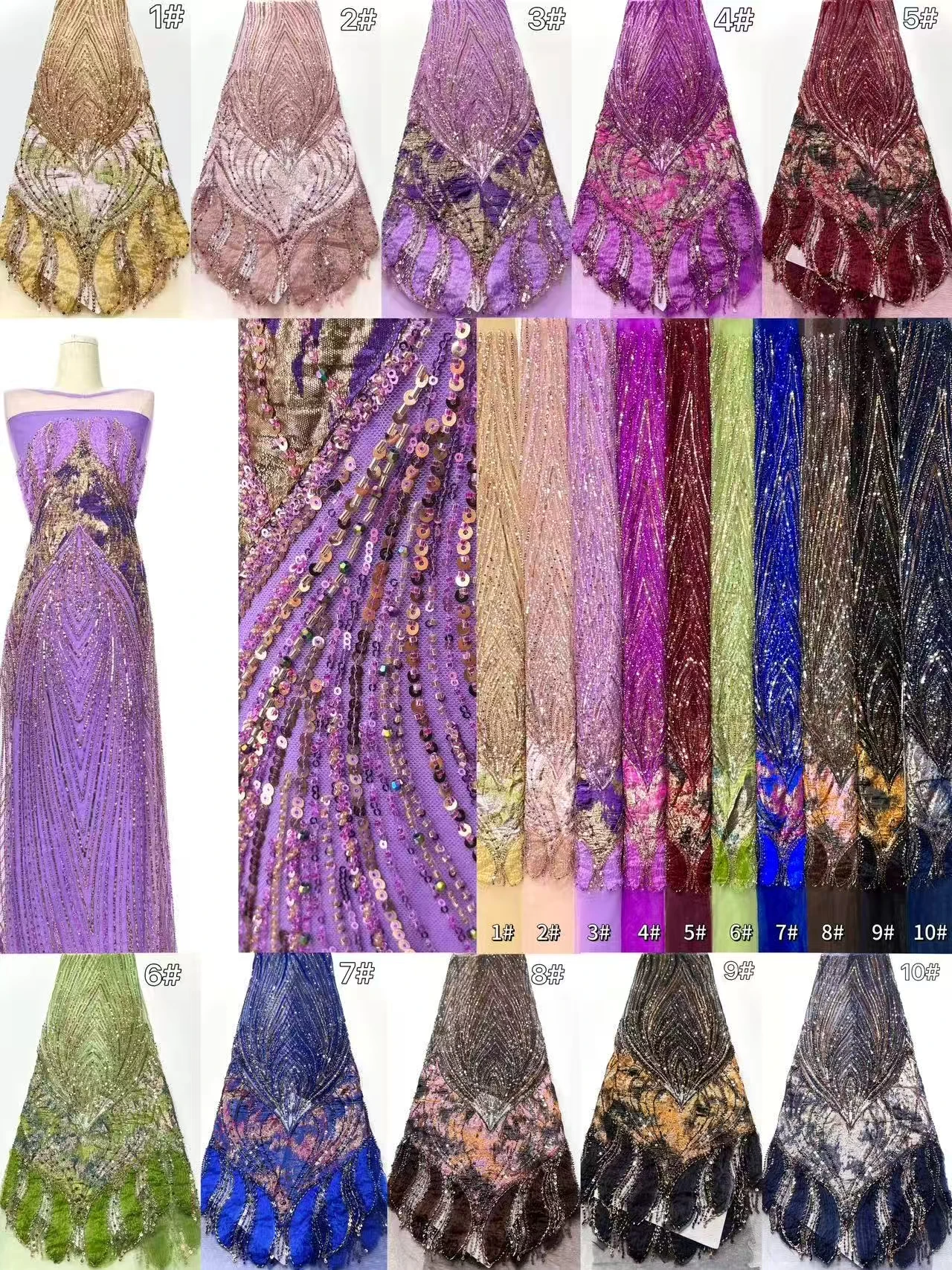 Latest African Sequins Lace Fabric 2026 High Quality Lace Embroidery Beaded Mesh Fabric 5 Yards for Women Party Dress 1952