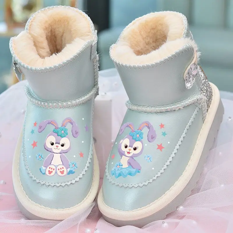 Disney Girls\' Snow Boots Genuine Leather StellaLou Cartoon Waterproof Winter Children\'s Shoes Baby Girls\' Thickened Ankle Boots