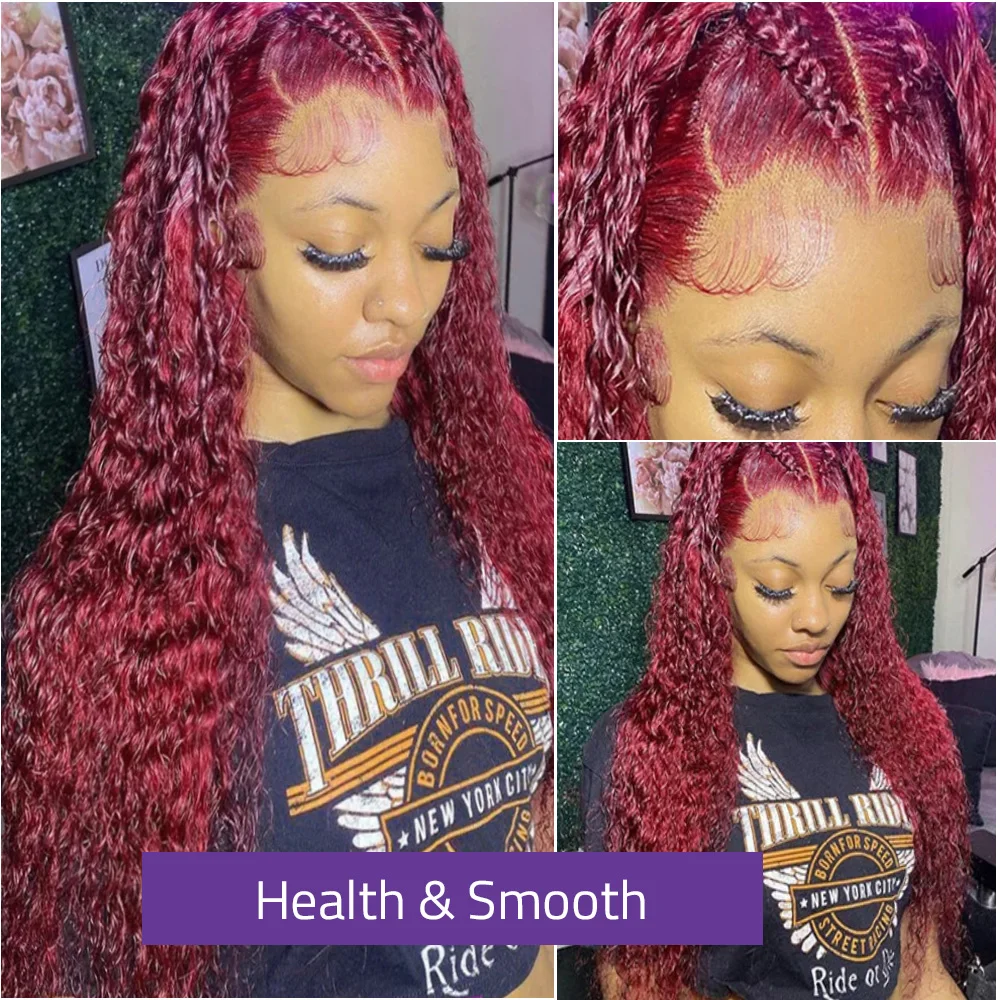 13x4 HD Transparent Lace Front Wig Deep Wave 200% Density 99J Burgundy 30 40 Inch Brazilian Curly 13x6 Lace Frontal Human Hair Wigs For Women Natural Hairline Pre Plucked