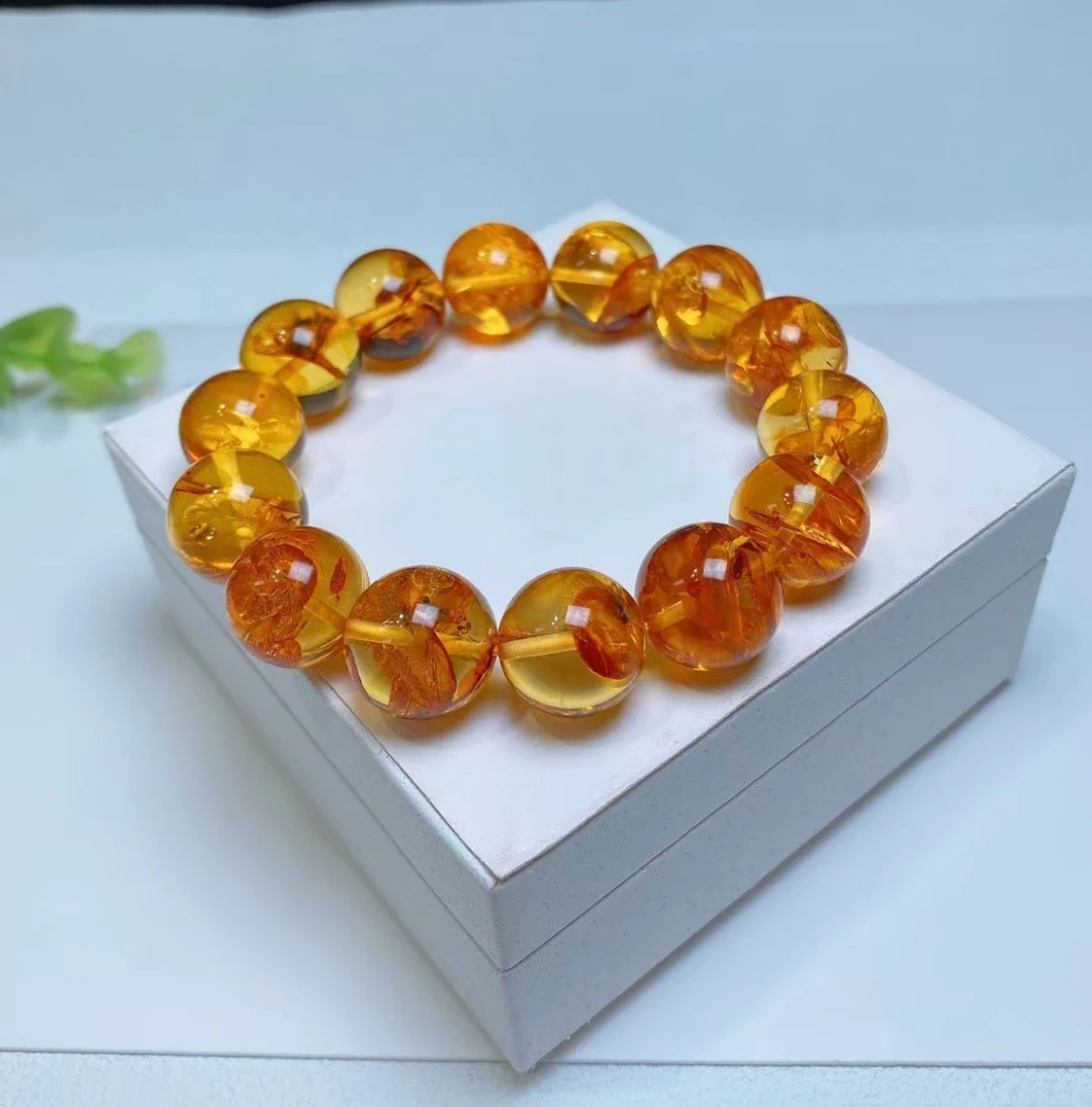 Natural Yellow Piebald Clear Round Beads Bracelet Women Men 15.5mm Big Size Stretch Crystal Round Amber Bracelet Jewelry AAAAA