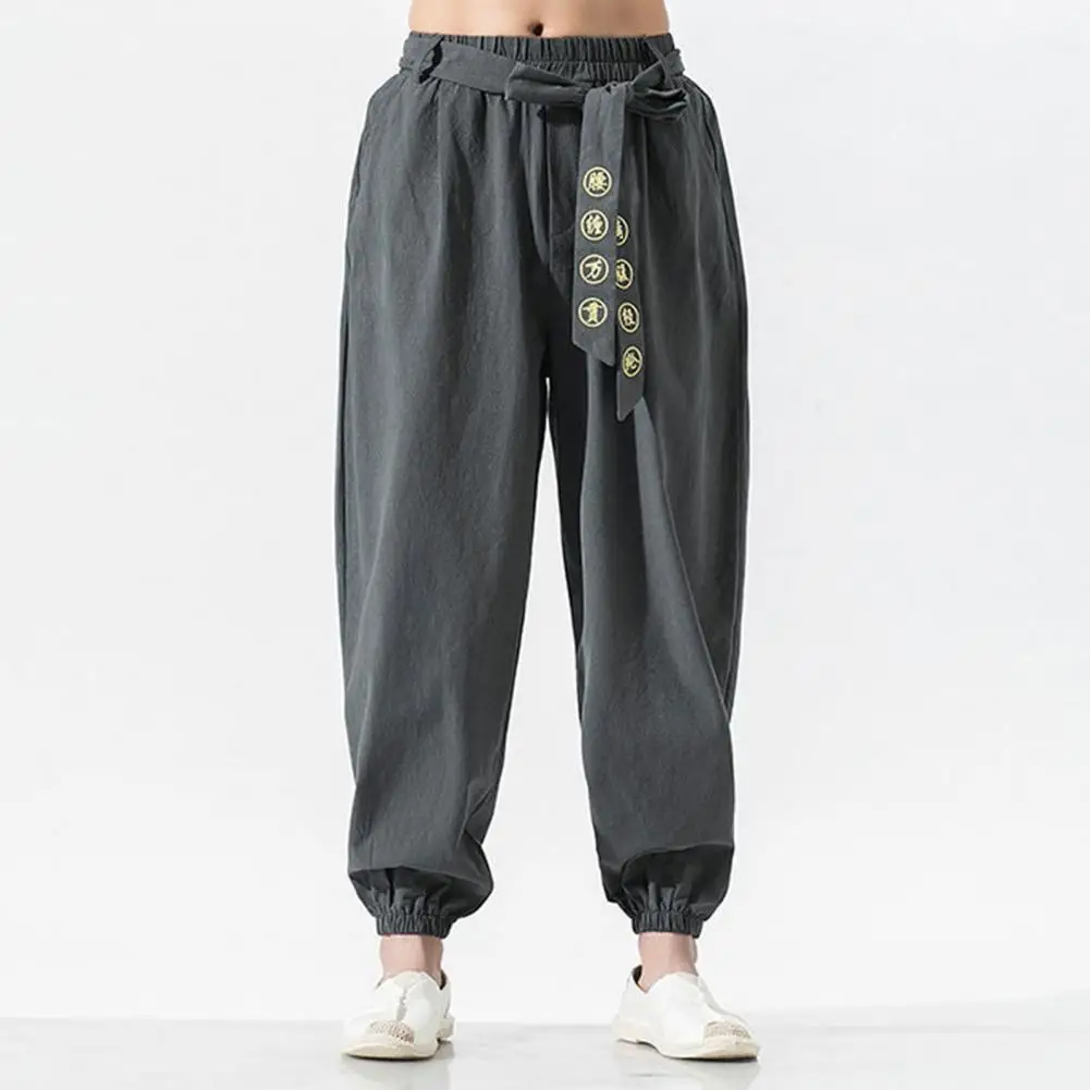 

Men Harem Pants Belted Elastic Waist Retro Chinese Style Embroidery Loose Pleated Solid Color Cotton Linen Casual Long Trousers