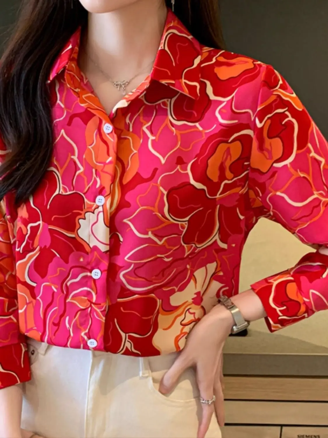 High End Red Printed Chiffon Shirt Women\'s Long Sleeved Retro Chic Outerwear Shirt Spring Autumn New Top