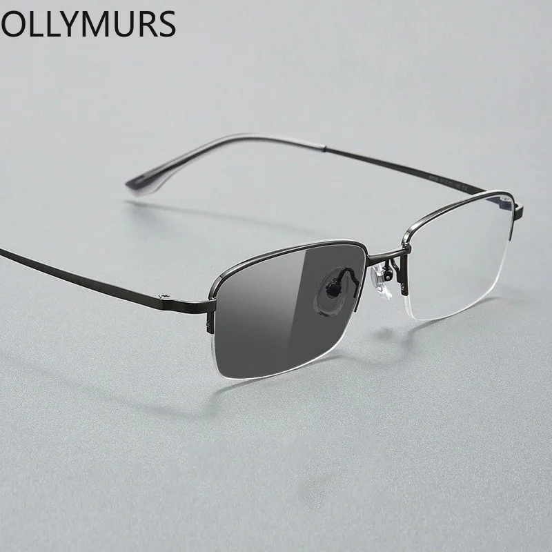 

OLLYMURS New Simple blue Light Photochromic Glasses Can Be Customized Prescription S6506 Geometric Half Frame Design Men's Anti-