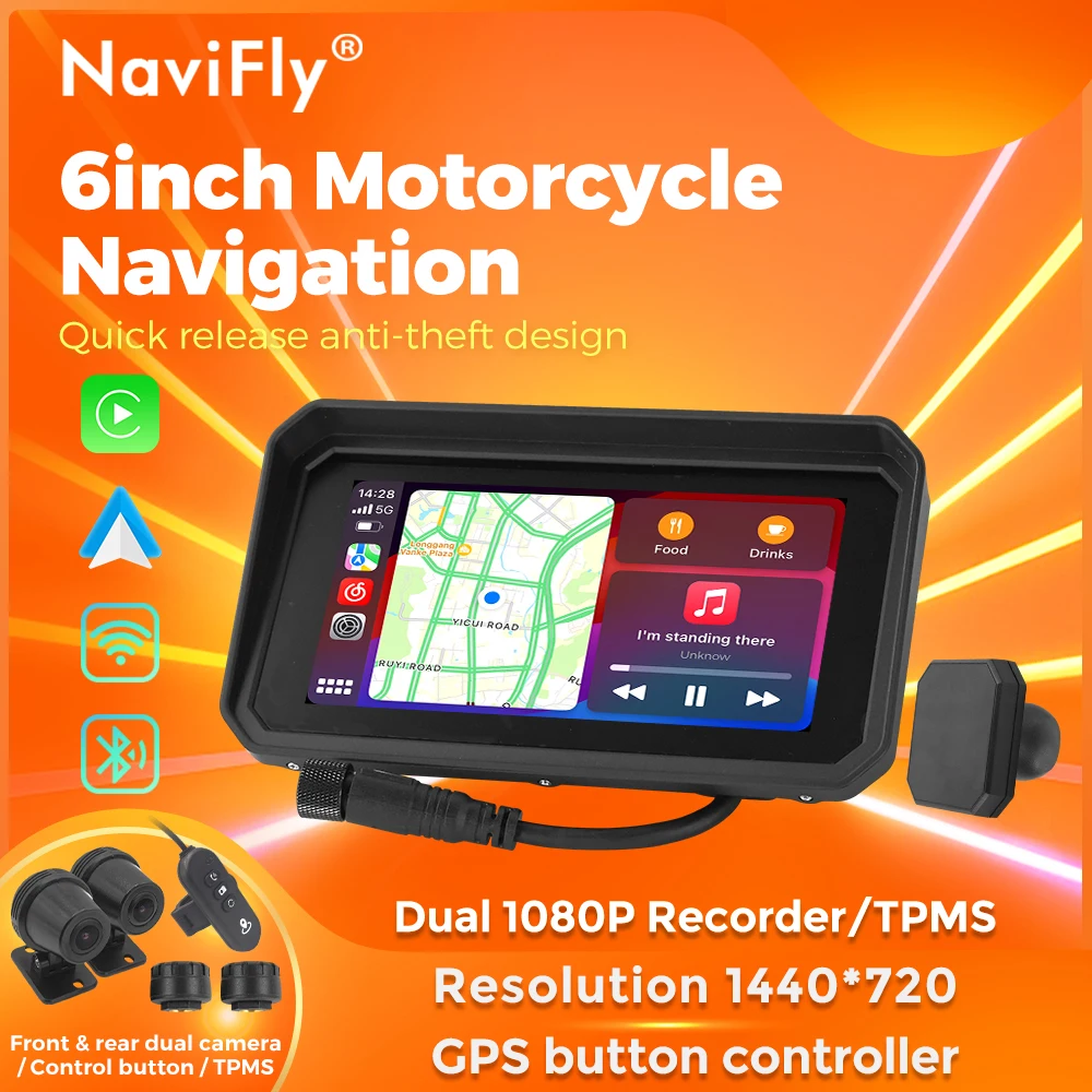 

NaviFly 6" Motorcycle Screen Wireless CarPlay Motorcycle GPS Navigation Android Auto Moto Multimedia Player IP67 Waterproof TPMS