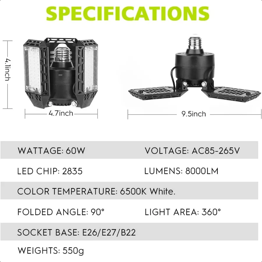 4 Pack Led Garage Lights 60W Deformable Garage Ceiling Light 8000 lm E26 Basement Lights with 3 Adjustable Led Panels Fits for