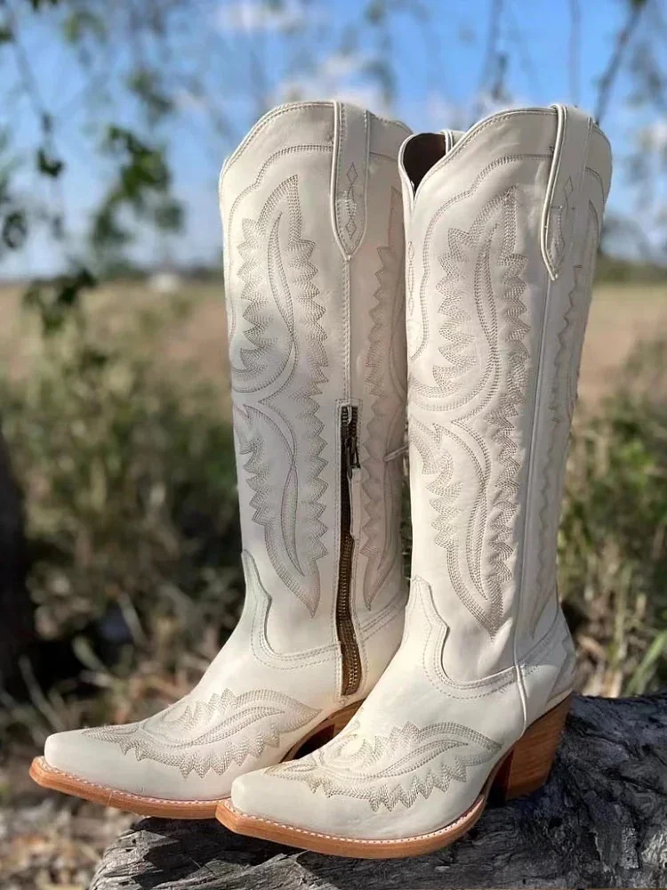 

White Casanova Embroidered Cowboy Cowgirl Knee High Boots Wine Red Brown Green Country Concert Wedding Women's Boots 2024 New