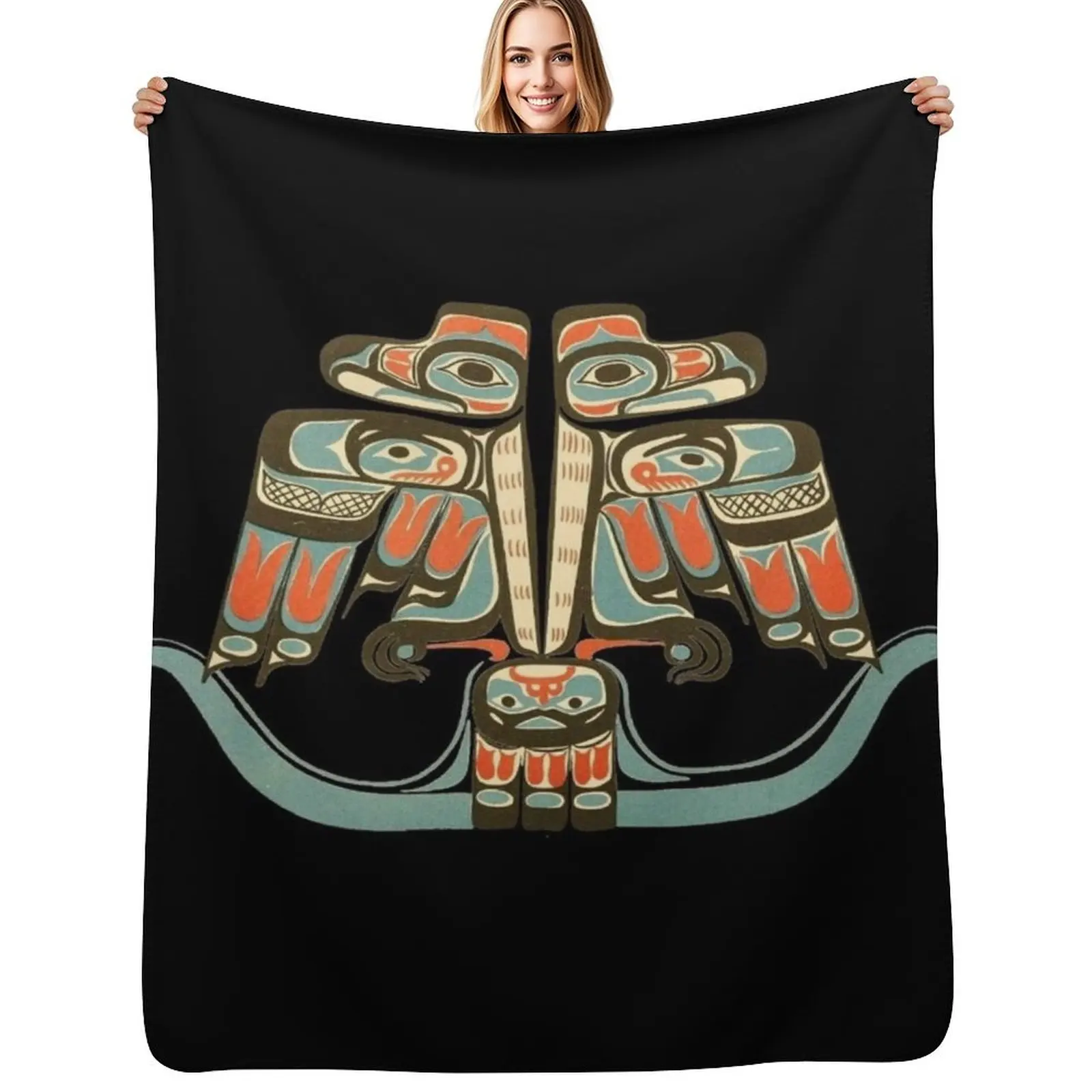 Manta decorativa con diseño de pájaro del trueno Haida - Tlingit de Northwest Native Art, manta decorativa duradera y resistente a la decoloración