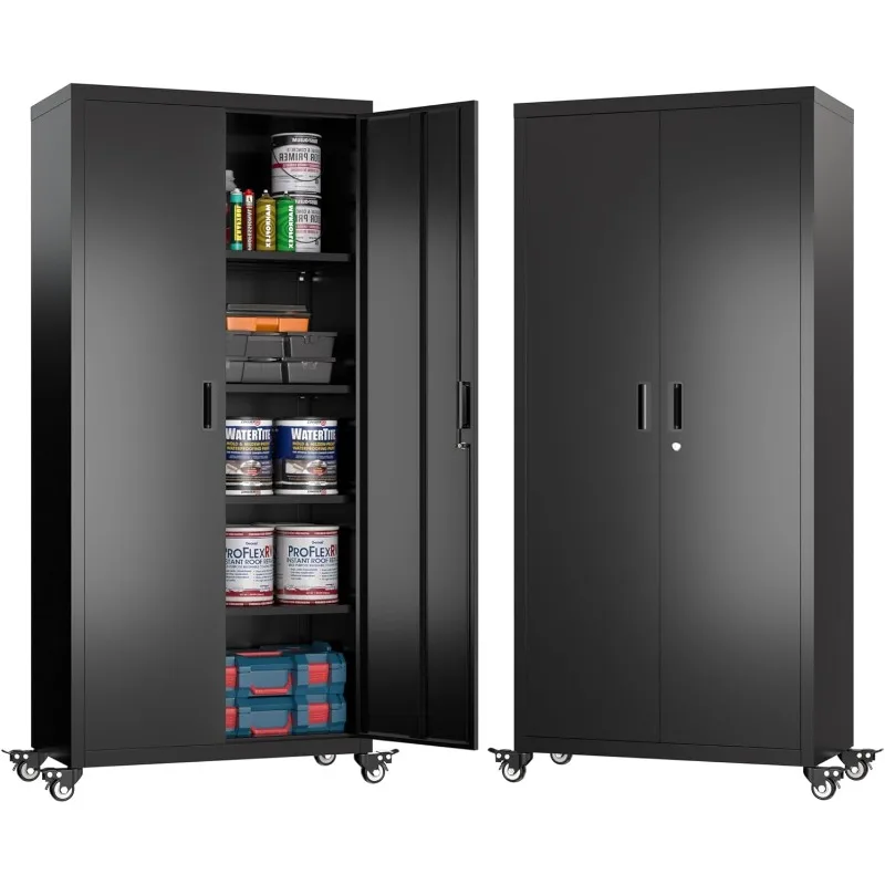 Aobabo Gabinete de almacenamiento de garaje de metal de 73''H con ruedas, gabinete de almacenamiento de acero con cerradura, gabinete de almacenamiento de herramientas rodante para garaje