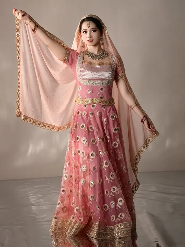 Pink Peacock Print Indian Lehenga Choli Gold Embroidery Bollywood Ethnic Dance Costume Women Stage Performance Photoshoot