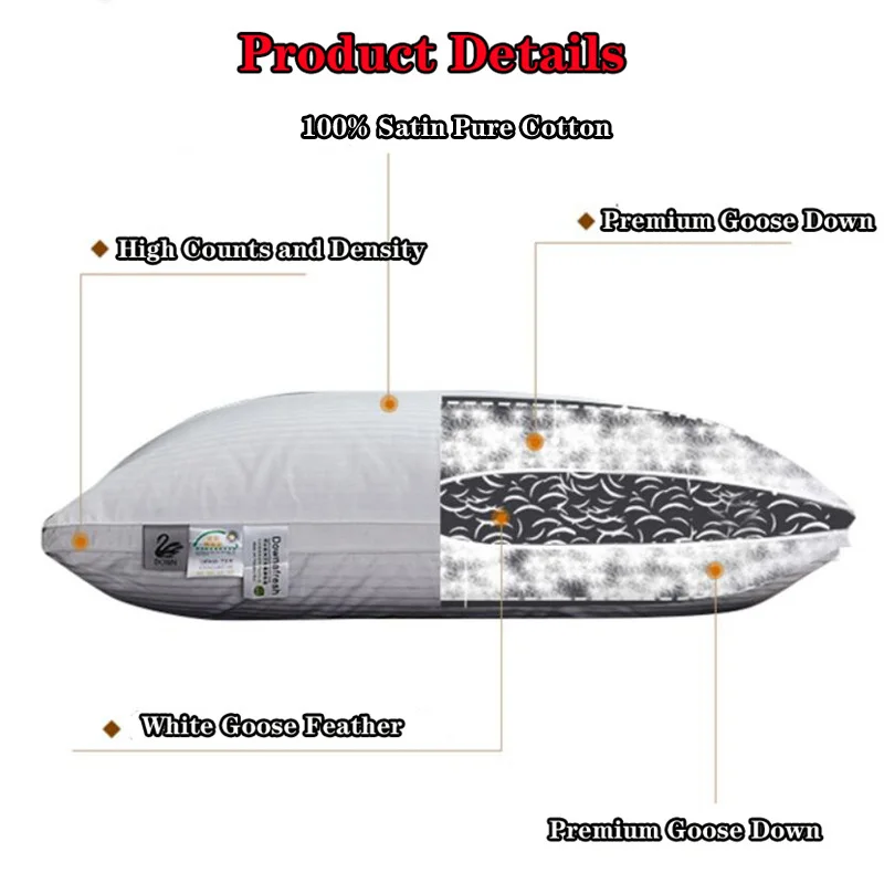 Luxurious 100% Goose Down & Feather Pillow Head Neck Pillows for Sleeping Bed Pillows 100% Satin Cotton Shell Down Proof 1pc - Image 2