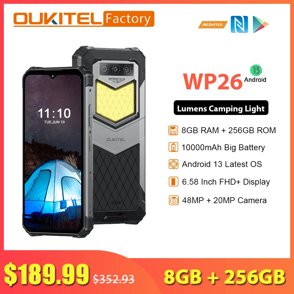 OUKITEL WP26 8GB 256GB Rugged Smartphone 10000mAh Battery 20MP Night Vision Camera Mobile Phone 6.58'' FHD+ Screen Camping Light