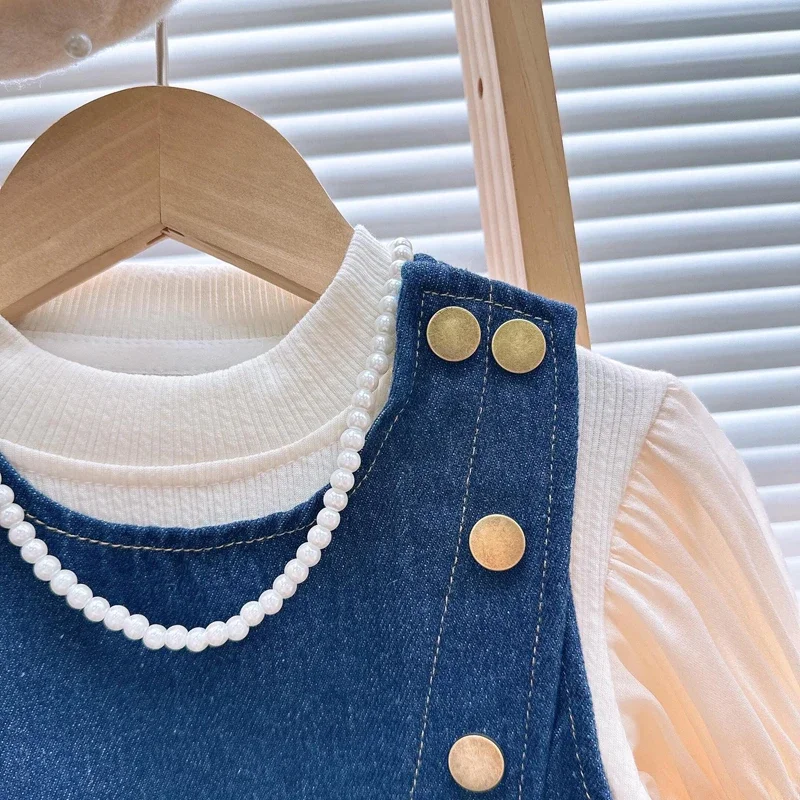Jeans 3-8Y Girls Trendy Suit 2025 Spring Autumn Girls 3PCS Clothing Set Puff Sleeve Base Shirt+Side Buckle Denim Vest+wide Leg
